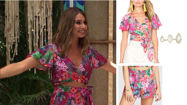 Sarah Vendal, The Bachelor, celebrity style, star style, Sarah Vendal outfits, Sarah Vendal fashion, Sarah Vendal style, shop your tv, @sarahvendal, worn on tv, tv fashion, clothes from tv shows, tv outfits, Bachelor In Paradise 2017, Bachelor In Paradise scandal, #BIP, Show me your mumu wilson top and skirt, Sara's tropical top and shorts, kendra scott naomie ring