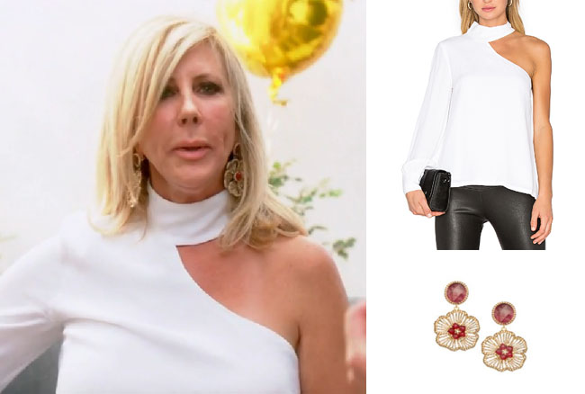 Real Housewives of Orange County, RHOC, Vickie Gunvalson, Vicki Gunvalson fashion, Vicki Gunvalson wardrobe, Vicki Gunvalson style, #RHOC, #RealHousewivesOrangeCounty, Season 12, shop your tv, the take, bravotv.com, worn on tv, tv fashion, clothes from tv shows, Real Housewives of Orange County outfits, bravo, reality tv clothes, as seen on tv, Real Housewives of Orange County Season 12, Real Housewives clothes, roni blanshay flower earrings, vickie's earrings at sip and see, vickie's flower earrings, elliatt cubism white blouse
