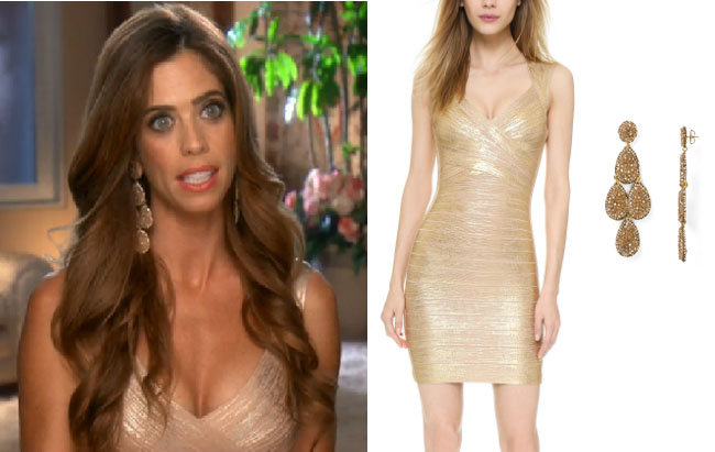 Lydia McLaughlin, Real Housewives of Orange County, Real Housewives of Orange County style, bravotv.com, #RHOC, Lydia McLaughlin outfit, Lydia McLaughlin wardrobe, #RealHousewivesOrangeCounty, shop your tv, the take, worn on tv, tv fashion, clothes from tv shows, Real Housewives of Orange County outfits, bravo, Season 12, reality tv clothes, Real Housewives of Orange County season 12, Real Housewives of Orange County clothes, Kelly Dodd, herve leger gold dress, roni blanshay chandelier earrings
