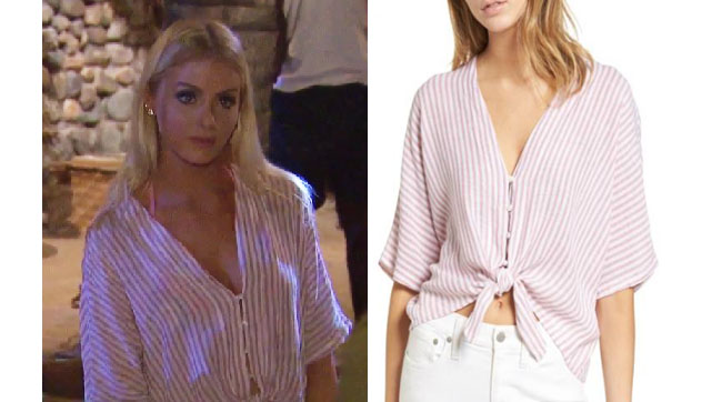 Haley Ferguson, The Bachelor, celebrity style, star style, Haley Ferguson outfits, Haley Ferguson fashion, Haley Furgoson style, shop your tv, @hfergie11, worn on tv, tv fashion, clothes from tv shows, tv outfits, Bachelor In Paradise 2017, Bachelor In Paradise Style, #BIP, Rails Thea Tie Front Crop Top, Haley's pink and white stripe top, Haley's tie top, Haley's top on bachelor in paradise