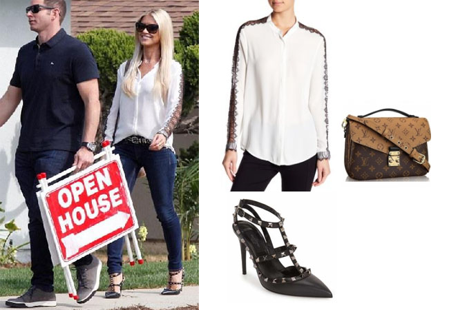 Christina El Moussa, Flip or Flop, Celebrity Outfits, Celebrity Style, Reality TV, Reality TV outfits, shop your tv, steal her style, the take, worn on tv, tv fashion, reality wardrobe, Nordstrom top, The Kooples lace blouse, Valentio rockstud pumps, Louie Vuitton pochette bag