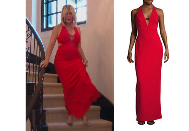 Real Housewives of Orange County, RHOC, Vickie Gunvalson, Vicki Gunvalson fashion, Vicki Gunvalson wardrobe, Vicki Gunvalson style, #RHOC, #RealHousewivesOrangeCounty, Season 12, shop your tv, the take, bravotv.com, worn on tv, tv fashion, clothes from tv shows, Real Housewives of Orange County outfits, bravo, reality tv clothes, as seen on tv, Real Housewives of Orange County Season 12, Real Housewives clothes, ABS Red Column dress, Vicki's red dress, fall outfit, fall dress, red christmas dress