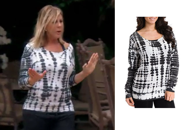 Real Housewives of Orange County, RHOC, Vickie Gunvalson, Vicki Gunvalson fashion, Vicki Gunvalson wardrobe, Vicki Gunvalson style, #RHOC, #RealHousewivesOrangeCounty, Season 12, shop your tv, the take, bravotv.com, worn on tv, tv fashion, clothes from tv shows, Real Housewives of Orange County outfits, bravo, reality tv clothes, as seen on tv, Real Housewives of Orange County Season 12, Real Housewives clothes, Vicki's tie-dye top, Vicki's Hard Tail top