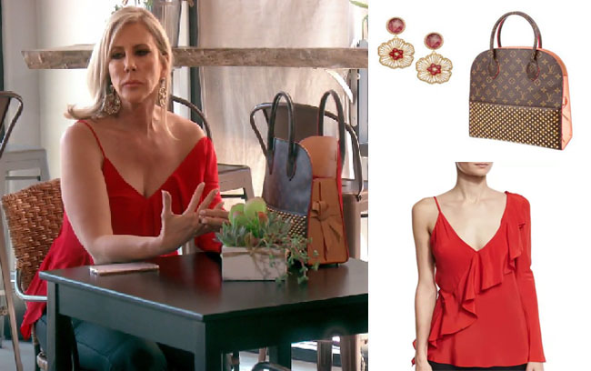 Real Housewives of Orange County, RHOC, Vickie Gunvalson, Vicki Gunvalson fashion, Vicki Gunvalson wardrobe, Vicki Gunvalson style, #RHOC, #RealHousewivesOrangeCounty, Season 12, shop your tv, the take, bravotv.com, worn on tv, tv fashion, clothes from tv shows, Real Housewives of Orange County outfits, bravo, reality tv clothes, as seen on tv, Real Housewives of Orange County Season 12, Real Housewives clothes, Louie Vuitton Iconoclasts bag, Vicki's Louis Vuitton bag, Roni Blanshay flower earrings, Vicki's flower earrings, Vicki's red flower earrings, DVF asymmetric top, Vicki's red top, Vicki's red asymmetric top