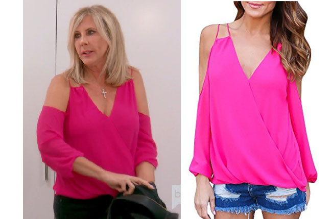 Real Housewives of Orange County, RHOC, Vickie Gunvalson, Vicki Gunvalson fashion, Vicki Gunvalson wardrobe, Vicki Gunvalson style, #RHOC, #RealHousewivesOrangeCounty, Season 12, shop your tv, the take, bravotv.com, worn on tv, tv fashion, clothes from tv shows, Real Housewives of Orange County outfits, bravo, reality tv clothes, as seen on tv, Real Housewives of Orange County Season 12, Real Housewives clothes, Vicki's pink top, Vicki's off the shoulder pink top