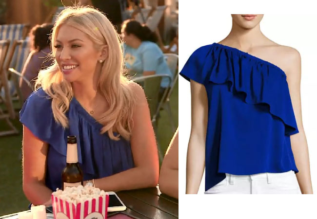 Vanderpump Rules, Stassi Schroeder style, Stassi Schroeder, Stassi Schroeder fashion, @stassischroeder, bravotv.com, #pumprules, Stassi Schroeder outfit, steal her style, shop your tv, the take, worn on tv, tv fashion, clothes from tv shows, Vanderpump Rules outfits, bravo, reality tv clothes, Vanderpump Rules clothes, Stassi Schroeder clothes, as seen on tv, Vanderpump Rules clothes, Stassi Schroeder instagram, season 6, Stassi's blue one shoulder top, Milly Ruffled One Shoulder Top