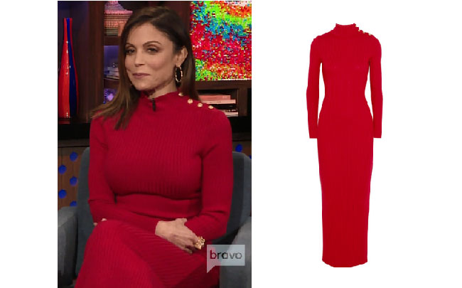 Real Housewives of New York, RHONY, Bethenny Frankel outfit, bravotv.com, #RHONY, #RHNY, #bravo, Real Housewives of New York style, Real Housewives of New York fashion, Bethenny Frankel style, shop your tv, the take, #RealHousewivesNewYork, worn on tv, tv fashion, clothes from tv shows, Real Housewives of New York outfits, bravo, shop your tv, reality tv clothes, Bethenny & Frederick, Watch What Happens Live, celebritystyle, fashion blogger, Balmain red dress, Balmain ribbed merino dress, #WWHL