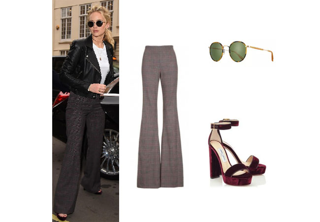 Jennifer Lawrence, Jennifer Lawrence style, Jennifer Lawrence fashion, Jennifer Lawrence clothes, celebrity, actress, runway, celebrity fashion, star style, clothes from tv shows, #lookoftheday, #outfitoftheday, Starstyle, #ootd, #ootw, movie clothes, outfit ideas, Michael Kors pants, velvet sandals, Garrett Leigh sunglasses, Jennifer Lawrence London February 2018
