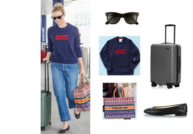 Karlie Kloss outfit, Karlie Kloss model, Karlie Kloss clothes, #chic, #streetstyle, #whatiwore, lookoftheday, Ray-Bay wayfarer, Dior book tote, Chanel cap toe flats, away travel carryon, rayban sunglasses, dior woven tote