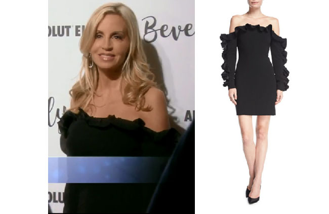 Real Housewives of Beverly Hills, RHBH, RHOBH, Camille Grammer fashion, Camille Grammar,  Camille Grammer fashion, Camille Grammer,  Camille Grammer style, Camille Grammer wardrobe, #RHOBH, #RealHousewivesBeverlyHills,  steal her style, the take, shop your tv, worn on tv, tv fashion, clothes from tv shows, Real Housewives of Beverly Hills outfits, bravo, reality tv clothes, Season 8, Cinq a sept rosiemarie off the shoulder dress, camille grammer's black ruffle dress, camille's dress at dorit's fashion show
