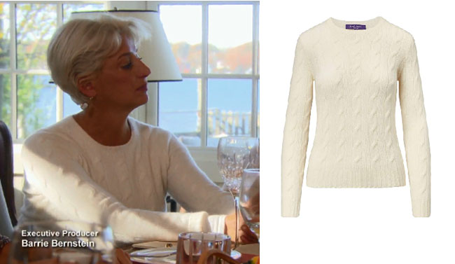 Real Housewives of New York, RHONY, Dorinda Medley outfit, Dorinda Medley wardrobe, bravotv.com, #RHONY, #RHNY, #bravo, Real Housewives of New York style, Real Housewives of New York fashion, Dorinda Medley style, shop your tv, the take, #RealHousewivesNewYork, worn on tv, tv fashion, clothes from tv shows, Real Housewives of New York outfits, bravo, shop your tv, reality tv clothes, season 10, dorinda's cream sweater, ralph lauren cable knit cashmere sweater, dorinda's sweater in sag harbor