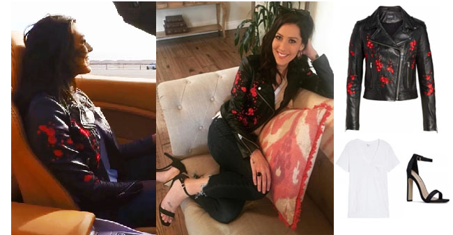 Becca Kufrin, The Bachelor, The Bachelorette, Bachelor in Paradise, #BIP, celebrity style, celebrity fashion, star style, starstyle, Becca Kufrin outfits, Becca Kufrin fashion, Becca Kufrin style, shop your tv, worn on tv, as seen on tv, where to get, clothes from tv shows, tv outfits, The Bachelorette 2018, Lamarque embroidered leather jacket, shoedazzle padma ankle strap sandal, madewell whisper cotton v-neck tee