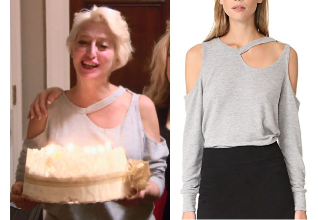 Real Housewives of New York, RHONY, Dorinda Medley outfit, Dorinda Medley wardrobe, bravotv.com, #RHONY, #RHNY, #bravo, Real Housewives of New York style, Real Housewives of New York fashion, Dorinda Medley style, shop your tv, the take, #RealHousewivesNewYork, worn on tv, tv fashion, clothes from tv shows, Real Housewives of New York outfits, bravo, shop your tv, reality tv clothes, lna leon top, grey cut-out top, Dorinda's grey top, Dorinda's grey cut-out top