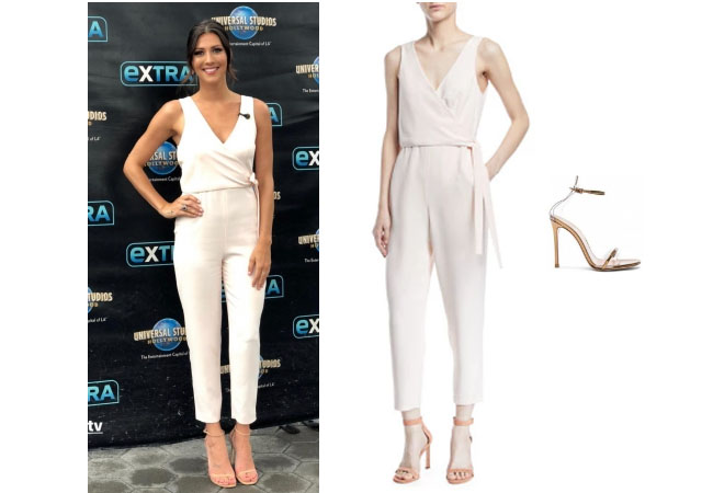 Becca Kufrin, The Bachelor, The Bachelorette, Bachelor in Paradise, #BIP, celebrity style, celebrity fashion, star style, starstyle, Becca Kufrin outfits, Becca Kufrin fashion, Becca Kufrin style, shop your tv, worn on tv, as seen on tv, where to get, clothes from tv shows, tv outfits, The Bachelorette 2018, Club Monaco gessah jumpsuit, Becca Kufrin white jumpsuit, Gianvito Rossi G-string sandal, Becca Kufrin at Extra