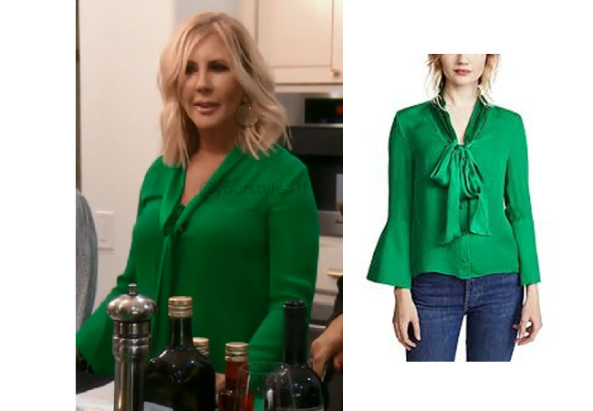Real Housewives of Orange County, RHOC, Vickie Gunvalson, Vicki Gunvalson fashion, Vicki Gunvalson wardrobe, Vicki Gunvalson style, #RHOC, #RealHousewivesOrangeCounty, Season 13, shop your tv, the take, bravotv.com, worn on tv, tv fashion, clothes from tv shows, Real Housewives of Orange County outfits, bravo, reality tv clothes, as seen on tv, Real Housewives of Orange County Season 13, Real Housewives clothes, Alice + Olivia Meredith Blouse, Vicki's Green Blouse