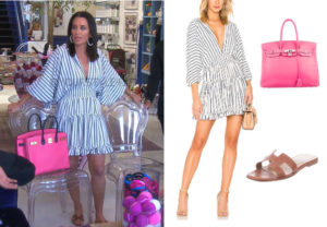 Real Housewives of Beverly Hills, RHOBH, Kyle Richards, Season 9, Kyle Richards’ outfit, celebrity outfits, reality tv shows, Real Housewives of Beverly Hills outfits, bravo, reality tv clothes, Hermes Birkin, Kyle's pink bag, Hermes Oran, Hermes sandal, MISA Los Angeles Luca dress