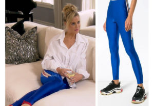 Real Housewives of Beverly Hills, RHOBH, Dorit Kemsley, Season 9, Dorit Kemsley’s outfit, celebrity outfits, reality tv shows, Real Housewives of Beverly Hills outfits, bravo, reality tv clothes, Gucci logo leggings, Dorit's blue leggings