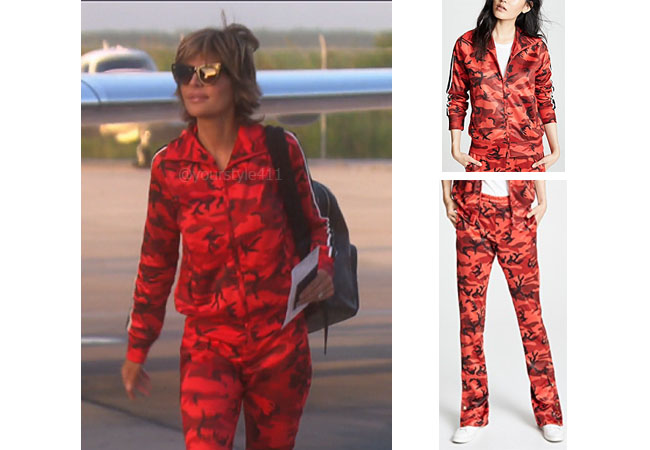 Real Housewives of Beverly Hills, RHOBH, Lisa Rinna, Season 9, Lisa Rinna’s outfit, celebrity outfits, reality tv shows, Real Housewives of Beverly Hills outfits, bravo, reality tv clothes, Pam and Gela Camo Tack Pants, Pam and Gela Camo Track Pants