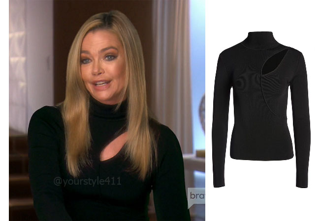 Real Housewives of Beverly Hills, RHOBH, Denise Richards, Season 9, Denise Richards’s outfit, celebrity outfits, reality tv shows, Real Housewives of Beverly Hills outfits, bravo, reality tv clothes, Denise's black cutout top, Alice Olivia Sophie Top
