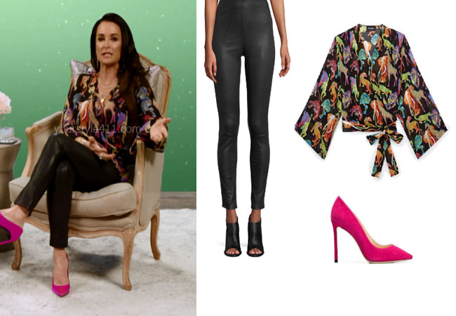 fortnite, Real Housewives of Beverly Hills, RHOBH, Kyle Richards, Season 9, Kyle Richards’ outfit, celebrity outfits, reality tv shows, Real Housewives of Beverly Hills outfits, bravo, reality tv clothes, Bravo After Show, Jimmy Choo Romy Pumps, Leather Pants, The Kooples Jungle Blouse, Kyle Richards' jungle top