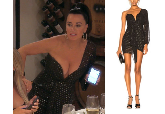 fortnite, Real Housewives of Beverly Hills, RHOBH, Kyle Richards, Season 9, Kyle Richards’ outfit, celebrity outfits, reality tv shows, Real Housewives of Beverly Hills outfits, bravo, reality tv clothes, Kyle Richards' one shoulder dress, Kyle Richards dot one shoulder dress, Michelle Mason One Sleeve Mini Dress