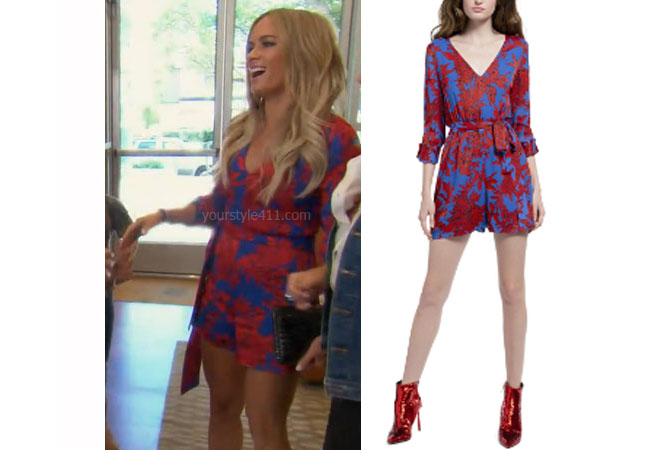fortnite, Real Housewives of Beverly Hills, RHOBH, Teddi Mellencamp, Season 9, Teddi Mellencamp’s outfit, celebrity outfits, reality tv shows, Real Housewives of Beverly Hills outfits, bravo, reality tv clothes, Teddi Mellencamp's red and blue romper, Alice + Olivia Melia romper, Teddi's blue and red romper