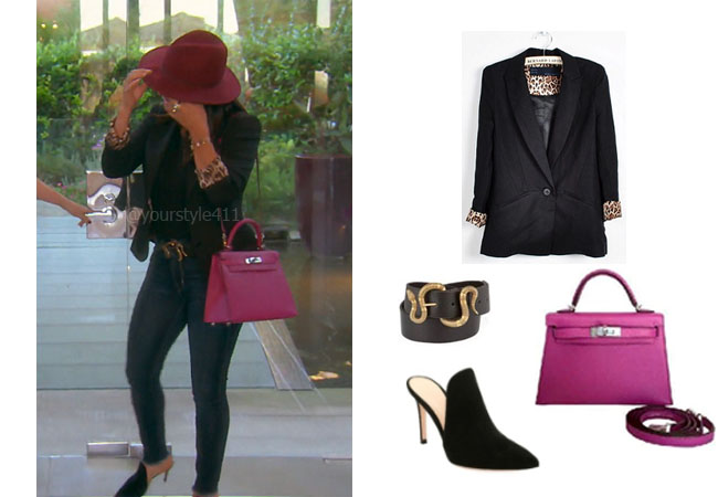 fortnite, Real Housewives of Beverly Hills, RHOBH, Kyle Richards, Season 9, Kyle Richards’ outfit, celebrity outfits, reality tv shows, Real Housewives of Beverly Hills outfits, bravo, reality tv clothes, Kyle Richards black blazer with leopard cuffs, Gianvito Rossi Cutaway Mules, Gucci Leather Snake Buckle Belt, Hermes Kelly Bag