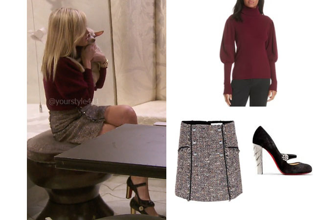fortnite, Real Housewives of New York, RHONY, Tinsley Mortimer, #rhony, Season 11, Tinsley Mortimer's outfit, celebrity outfits, reality tv shows, Real Housewives of New York outfits, bravo, reality tv clothes, Christian Louboutin Mary Janes, Milly Maroon Puff Sleeve Sweater, Veronica Beard tweed skirt