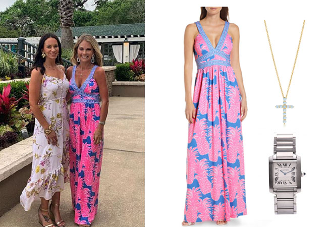 Southern Charm, Bravo TV, Cameran Eubanks, Star Style, fortnite, Game of Thrones, Cameran Eubanks' outfit, Cameran Eubanks clothes, celebrity outfit, ootd, Cameran's pink and blue dress, Cameran's cross necklace, Lilly Pulitzer Taryn Print Maxi Dress, Tiffany Cross Necklace, Cartier Tank Watch