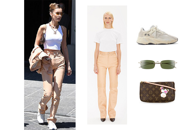 Bella Hadid, Gigi Hadid, Kendall Jenner, Bella Hadid in Florence, Bella Hadid fashion, Bella Hadid outfits, Bella Hadid clothes, Louis Vuitton Pochette, Oliver Peoples Daveigh 54 mm Sunglasses, Adidas Yeezy 700 Suede Sneakers