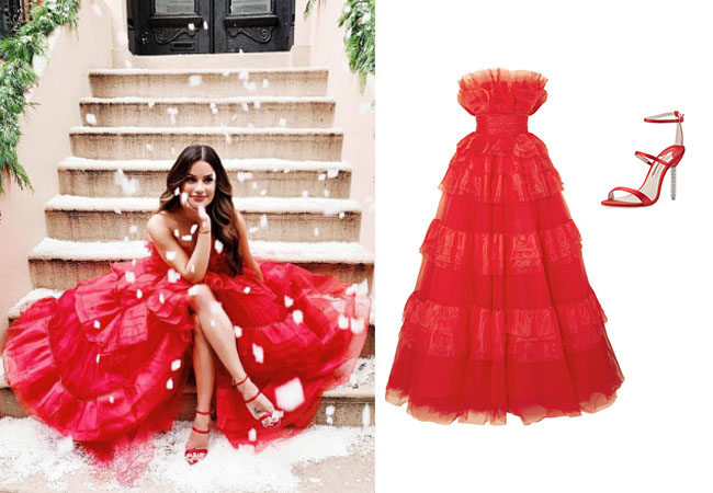 Lea Michelle, Monique Lhuillier Strapless Embellished Tiered Tulle and habotai gown, Sophia Webster Rosalind Satin Sphere Heel Sandals