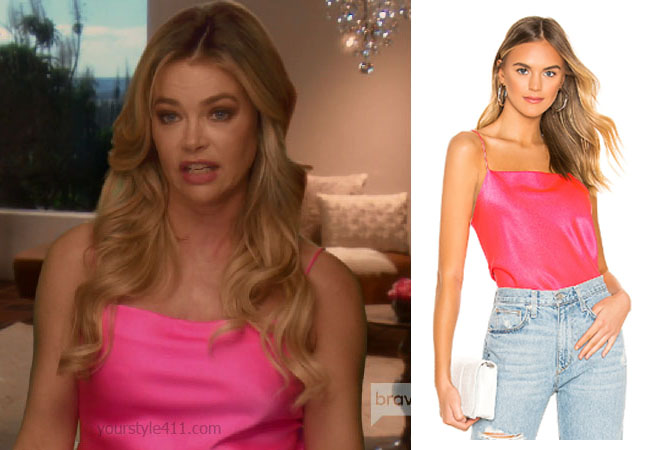 Real Housewives of Beverly Hills, RHOBH, Denise Richards, Season 9, Denise Richards’s outfit, celebrity outfits, reality tv shows, Real Housewives of Beverly Hills outfits, bravo, reality tv clothes, Denise's pink top in confessional, Alice + Olivia Harmon Silk Top