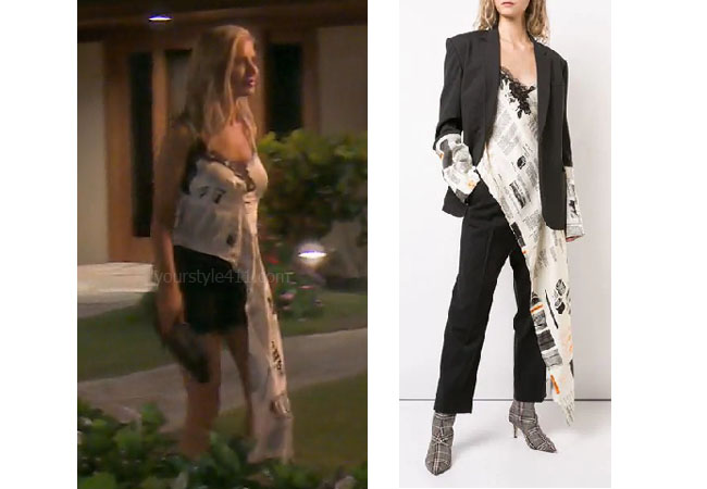 fortnite, Real Housewives of Beverly Hills, RHOBH, Dorit Kemsley, Season 9, Dorit Kemsley’s outfit, celebrity outfits, reality tv shows, Real Housewives of Beverly Hills outfits, bravo, reality tv clothes, Game of Thrones, Dorit's black and white asymmetric top, Monse book print asymmetric tunic
