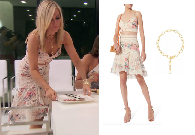 fortnite, Real Housewives of New York, RHONY, Tinsley Mortimer, #rhony, Season 11, Tinsley Mortimer's outfit, celebrity outfits, reality tv shows, Real Housewives of New York outfits, bravo, reality tv clothes, Tinsley's floral and lace top and skirt in Miami, Tinsley's gold necklace, Zimmerman Laelia Diamond Frill Bralette and Skirt, Misho Leo Gold Plated Necklace