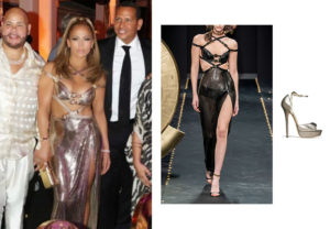 Jennifer Lopez, Jennifer Lopez's outfit, Jennifer Lopez's clothes, JLo, Alex Rodriguez, Jennifer Lopez's Gold Dress at 50th Birthday Party, Versace Sequin Cutout Slit Dress, Jimmy Choo Metallic Leather Platform Pumps