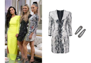 Real Housewives of Beverly Hills, Dorit Kemsley, #RHOBH, Lisa Vanderpump, Kyle Richards, Camille Grammer, Erika Girardi, Erika Jayne, Dorit's silver dress at Reunion, Dorit's hair clips at Reunion, Balmain sequin embellished mini dress, Kitsch snap hair clips