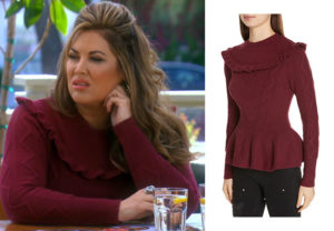 Emily Simpson, Real Housewives of Orange County, RHOC, Kelly Dodd's outfit, Kelly Dodd's clothes, Tamra Judge, Bravotv, Bravo Nation, Emily's maroon sweater, Emily's burgundy top, Ted Baker London Elsahi Yoke Detail Sweater