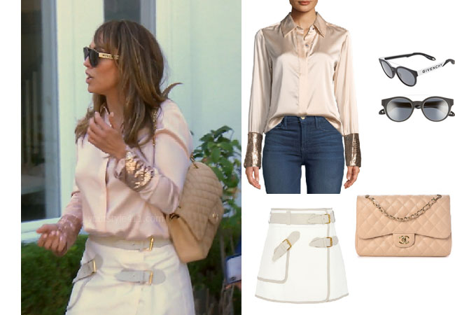 Kelly Dodd, Real Housewives of Orange County, RHOC, Kelly Dodd's outfit, Kelly Dodd's clothes, Tamra Judge, Bravotv, Bravo Nation, Kelly Dodd's pink blouse, Ramy Brook Talia Silk Button Down, Derek Lam Utility Skirt, Givenchy 50mm round sunglasses, Chanel Quilted Jumbo Double Flap