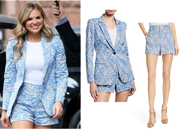 The Bachelorette, The Bachelor, Bachelor In Paradise, Bachelor Nation, Hannah Brown, Hannah Brown's blue floral blazer and shirts at the AOL Build Series July 31, 2019, Alice + Olivia Macey Floral Print Blazer, Alice + Olivia High Waist Floral Shorts