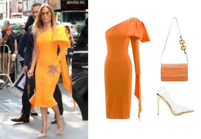 Jennifer Lopez, Jennifer Lopez's outfit, Jennifer Lopez's clothes, JLo, Alex Rodriguez, Jennifer's Orange Dress, Alex Perry Lorin crepe dress, Le Sac Riviera bag