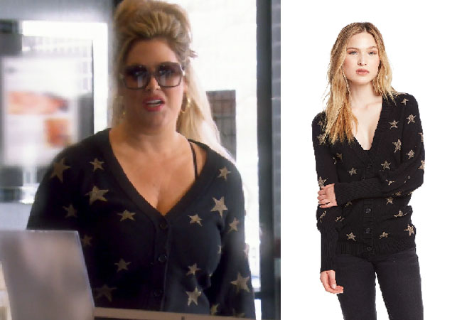 Emily Simpson, Real Housewives of Orange County, RHOC, Kelly Dodd's outfit, Kelly Dodd's clothes, Tamra Judge, Bravotv, Bravo Nation, Season 14, Emily's Star Sweater, Chaser Bishop Gold Star Cardigan,