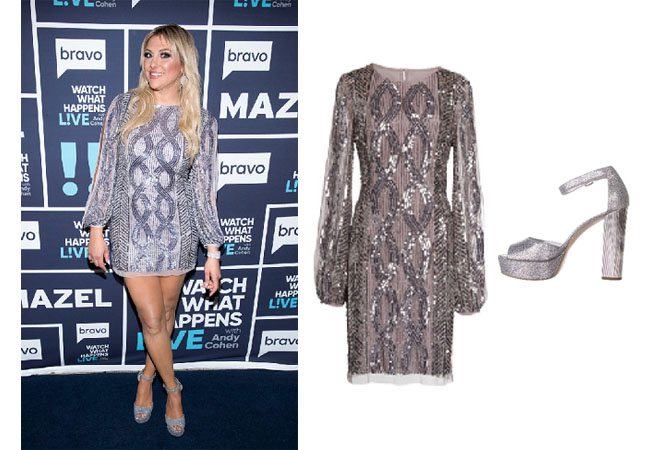 Gina Kirschenheiter, Real Housewives of Orange County, RHOC, Kelly Dodd's outfit, Kelly Dodd's clothes, Tamra Judge, Bravotv, sEASON 14, Watch What Happens Live, #WWHL, Gina's Silver Dress at WWHL, Aiden Mattox Beaded Split Sleeve Cocktail Dress, Michael Kors Paloma Glitter Pumps