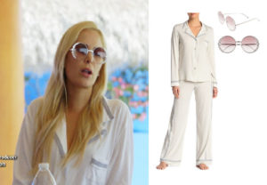 Kameron Westcott, Real Housewives of Dallas, RHOD, Season 4, Kameron Westcott's pink dress, Kameron's pink sunglasses, Kameron Westcott's white pajamas with grey stripe, Fendi 58mm Round Sunglasses, Cosabella Hustle Side Pattern Pajamas