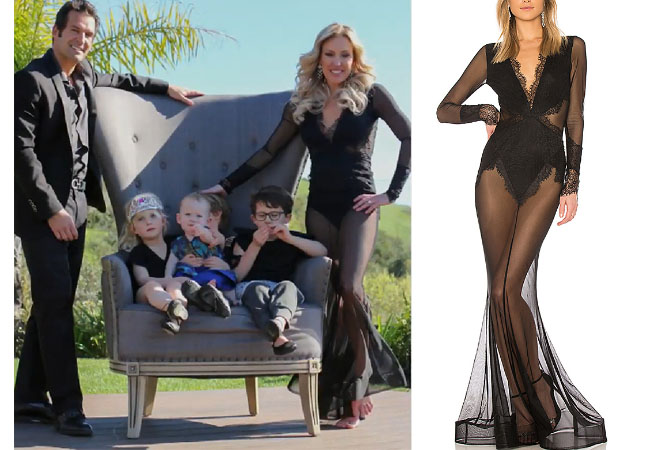 Braunwyn Windham Burke, Real Housewives of Orange County, RHOC, Kelly Dodd, Tamra Judge's clothes, Tamra Judge, Bravotv, Bravo Nation, #RHOC, Braunwyn's yellow and black dress, Season 14, Braunwyn's Black Mesh Lace Dress Gown, Michael Costello x Revolve Martin Gown
