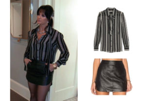 Kyle Richards, Real Housewives of Beverly Hills, RHOBH, Kyle's Black and White Striped Blouse and Black Mini Skirt, Saint Laurent Stars and Stripes Blouse, Karina Grimaldi Jacob Skirt, @kylerichards18