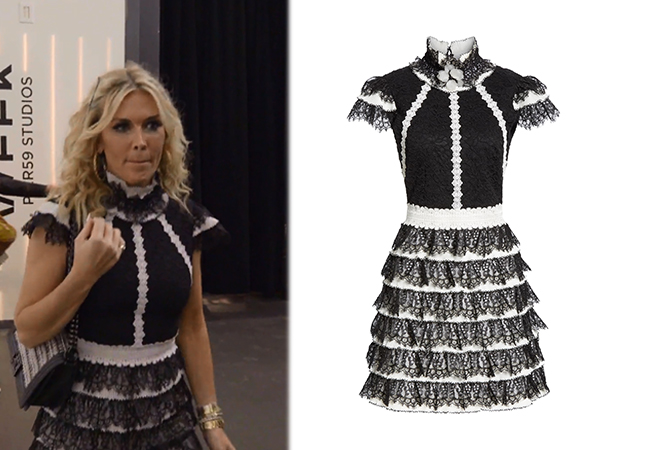 Tinsley Mortimer, Real Housewives of New York, RHONY, Tinsley's black and white lace dress at fashion week, Alice + Olivia Cyra Ruffle Lace Minidress