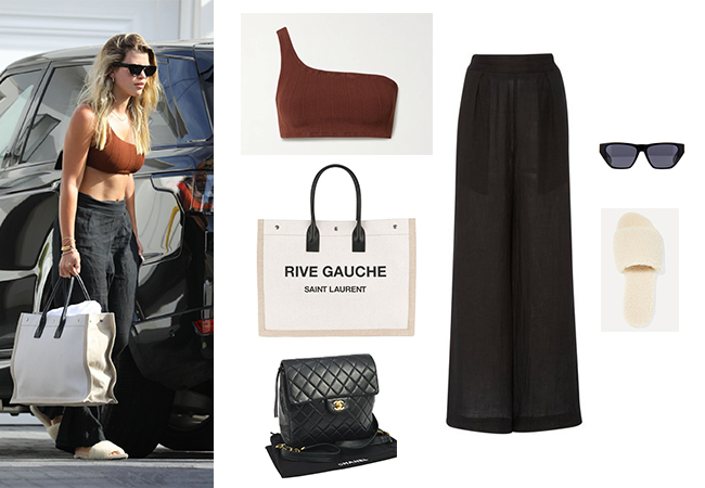 Sofia Richie, Scott Disick, Chanel Quilted CC Chain Backpack, Saint Laurent Rive Gauche Tote, The Row Teddy Bear Shearling Slides, Dior Inside Out 2 Sunglasses, Anemone Keaton Wide Leg Pant, Hunza G Brown Nancy One Shoulder Ribbed Bikini