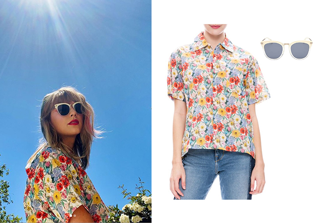 Taylor Swift, R13 Skater Shirt in multicolor floral, Toms Adeline Pearl Fade Sunglasses, @taylorswift