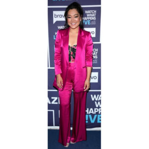 Crystal Kung Minkoff on Watch What Happens Live, Crystal Kung Minkoff's Floral Corset, Satin Blazer and Pants, and Silver Sandals, Crystal Kung Minkoff, Alice and Olivia Floral Corset, Alice and Olivia Satin Blazer, Alice and Olivia Satin Pants, Stuart Weitzman Silver Sandals, Alice and Olivia, Stuart Weitzman, celebrity fashion