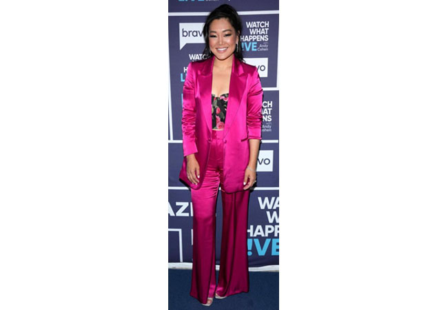 Crystal Kung Minkoff on Watch What Happens Live, Crystal Kung Minkoff's Floral Corset, Satin Blazer and Pants, and Silver Sandals, Crystal Kung Minkoff, Alice and Olivia Floral Corset, Alice and Olivia Satin Blazer, Alice and Olivia Satin Pants, Stuart Weitzman Silver Sandals, Alice and Olivia, Stuart Weitzman, celebrity fashion